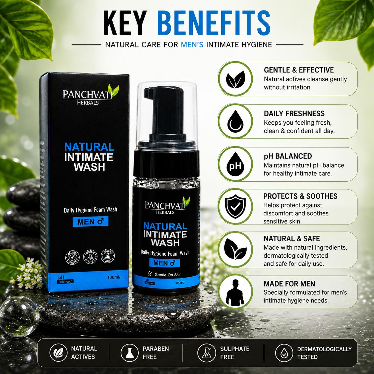 Panchvati Herbals Natural Intimate Wash for Men, Daily Hygiene Foam Wash, pH Balanced, 100 ml