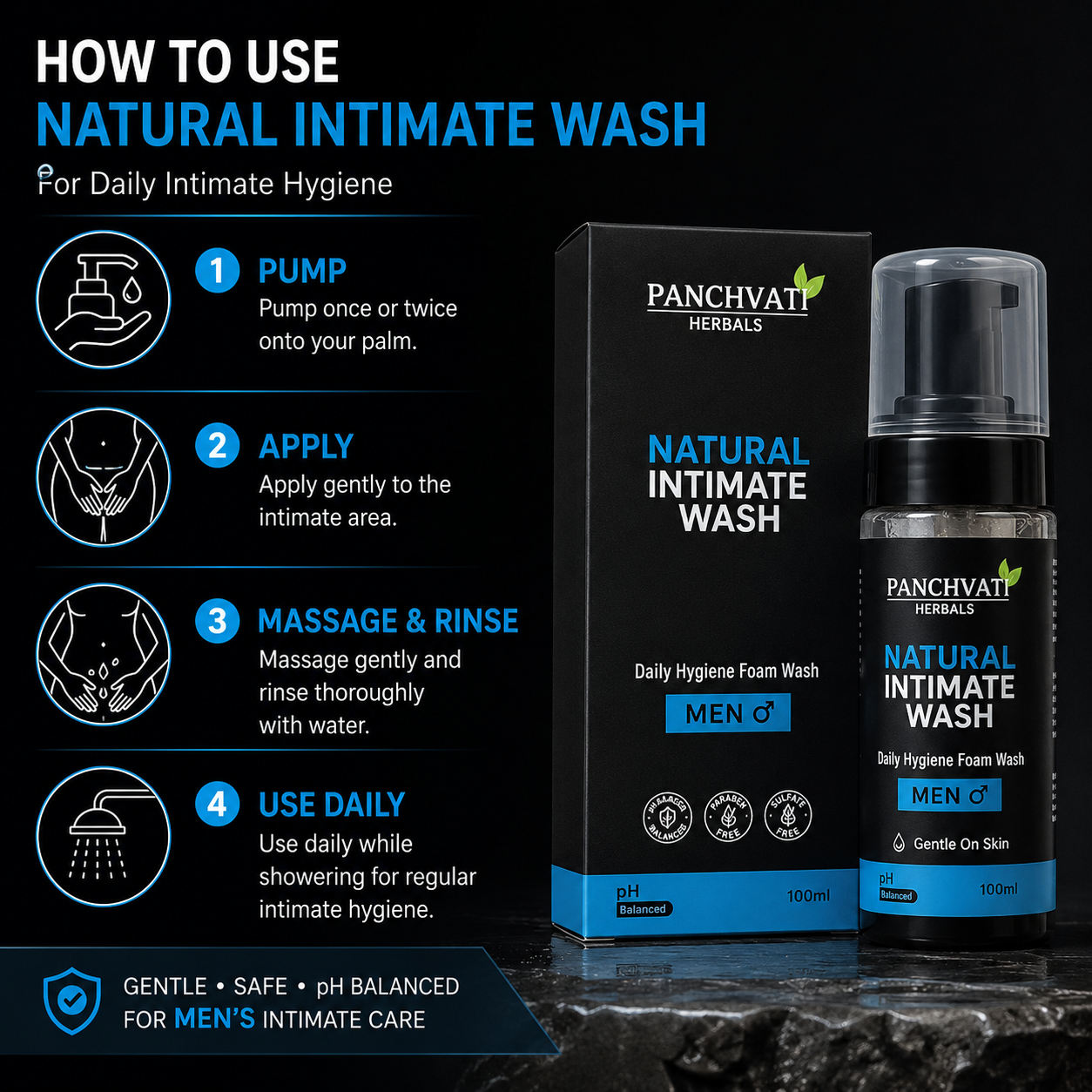 Panchvati Herbals Natural Intimate Wash for Men, Daily Hygiene Foam Wash, pH Balanced, 100 ml