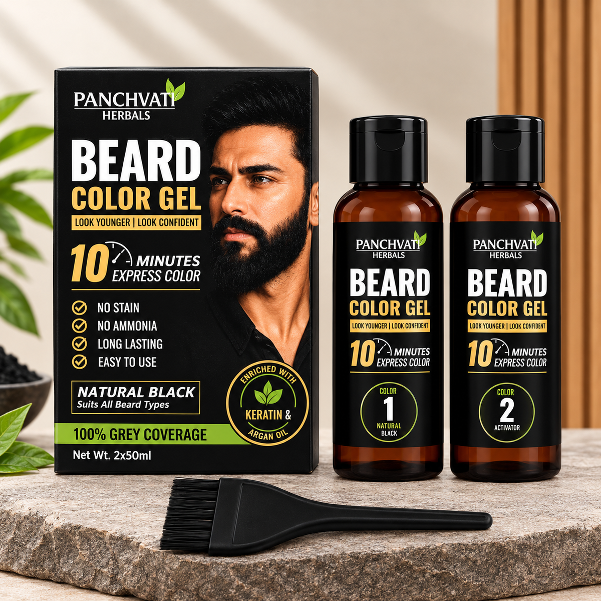 Panchvati Herbals Beard Color Gel for Men, Natural Black, 10-Minute Express Color, 100 ml Each, Pack of 2, Total 200 ml