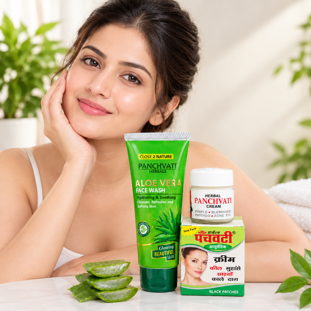 Panchvati Herbal Face Wash & Cream Combo | Aloe Vera Face Wash 60 ml + Herbal Cream 10 g | Cleansing, Hydrating & Blemish Care | For All Skin Types