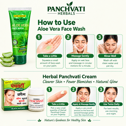Panchvati Herbal Face Wash & Cream Combo | Aloe Vera Face Wash 60 ml + Herbal Cream 10 g | Cleansing, Hydrating & Blemish Care | For All Skin Types