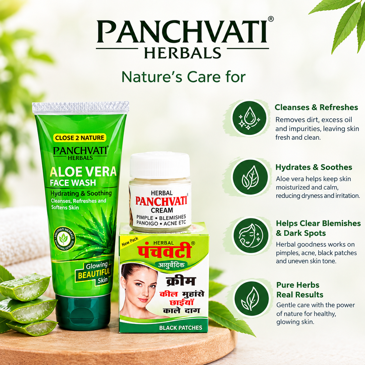 Panchvati Herbal Face Wash & Cream Combo | Aloe Vera Face Wash 60 ml + Herbal Cream 10 g | Cleansing, Hydrating & Blemish Care | For All Skin Types