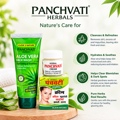 Panchvati Herbal Face Wash & Cream Combo | Aloe Vera Face Wash 60 ml + Herbal Cream 10 g | Cleansing, Hydrating & Blemish Care | For All Skin Types