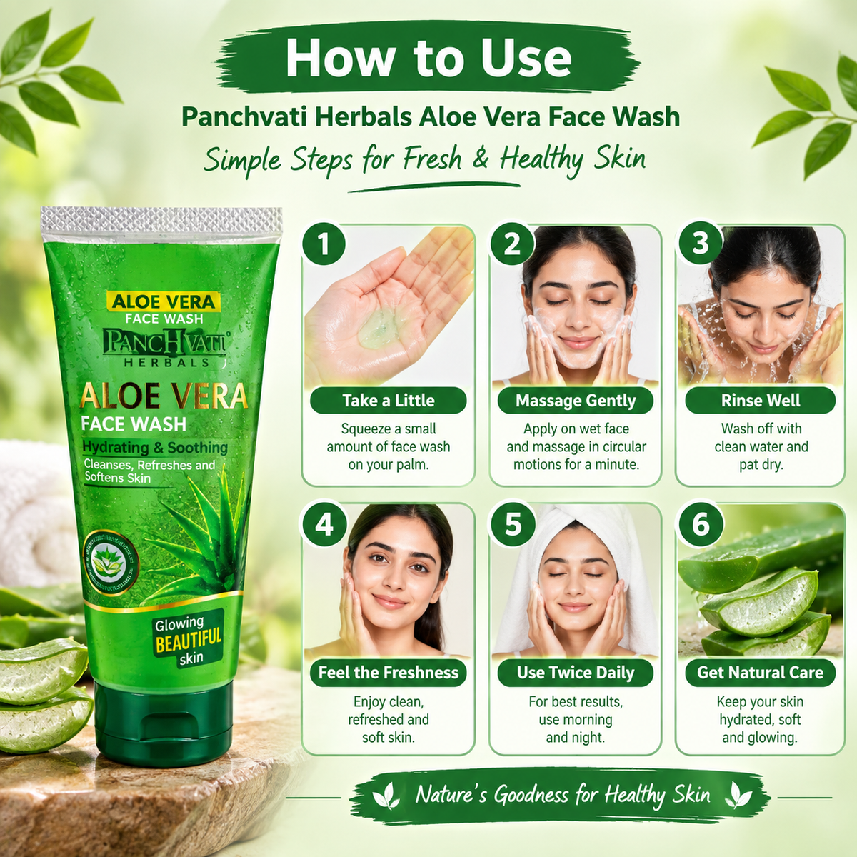 Panchvati Herbals Aloe Vera Face Wash | Hydrating & Soothing | Cleanses, Refreshes & Softens Skin | 60 ml Each | Pack of 6