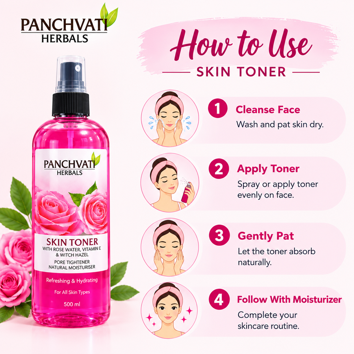 Panchvati Skin Toner with Rose Extract, Vitamin E & Witch Hazel | Refreshing & Hydrating Facial Toner | Natural Moisturizer | For All Skin Types | 500 ml