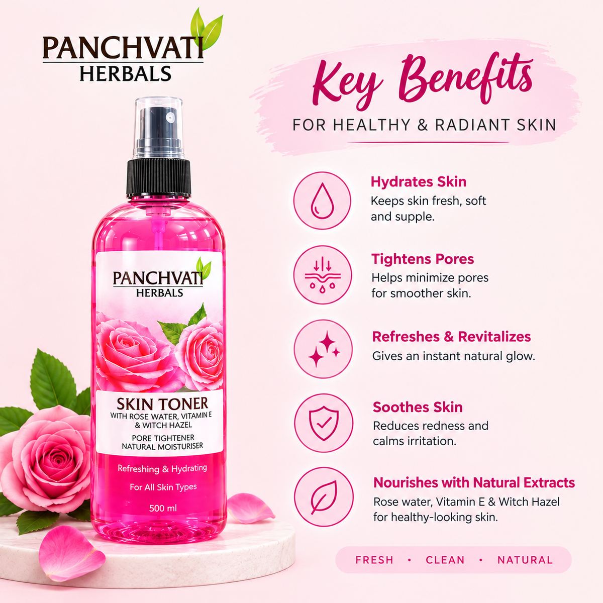 Panchvati Skin Toner with Rose Extract, Vitamin E & Witch Hazel | Refreshing & Hydrating Facial Toner | Natural Moisturizer | For All Skin Types | 500 ml