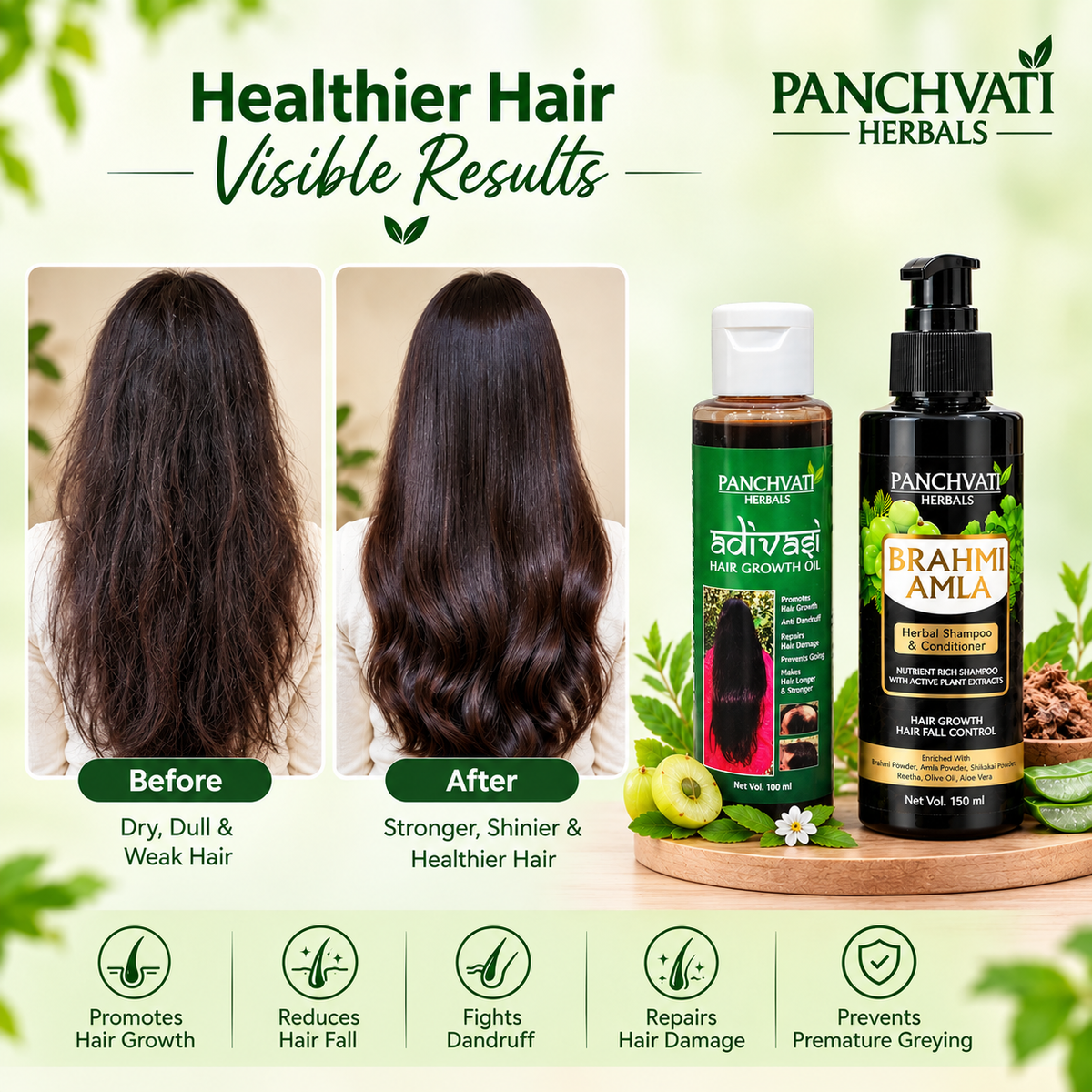 Panchvati Herbals Care Combo | Brahmi Amla Herbal Shampoo & Conditioner (150ml) + Adivasi Herbal Oil (100ml) | Fall Control, Anti-Dandruff, Root Repair & Scalp Nourishment | For Stronger, Healthier Locks