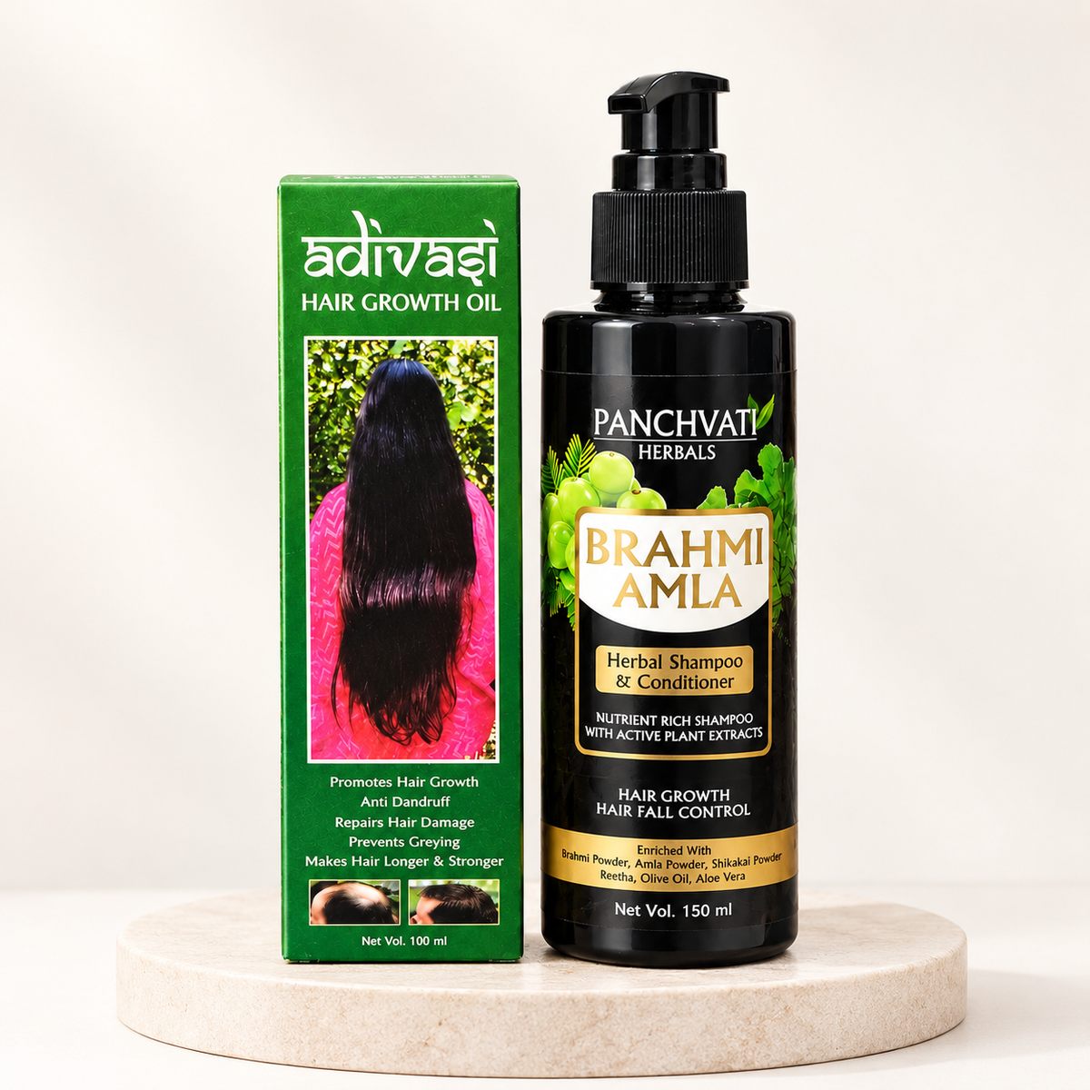 Panchvati Herbals Care Combo | Brahmi Amla Herbal Shampoo & Conditioner (150ml) + Adivasi Herbal Oil (100ml) | Fall Control, Anti-Dandruff, Root Repair & Scalp Nourishment | For Stronger, Healthier Locks
