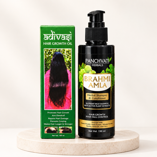 Panchvati Herbals Care Combo | Brahmi Amla Herbal Shampoo & Conditioner (150ml) + Adivasi Herbal Oil (100ml) | Fall Control, Anti-Dandruff, Root Repair & Scalp Nourishment | For Stronger, Healthier Locks