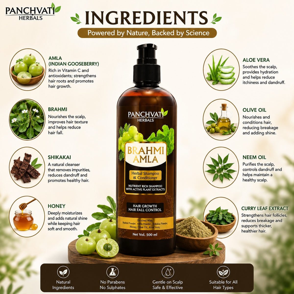 Panchvati Herbals Brahmi Amla Herbal Shampoo & Conditioner for Hair Care, 500 ml Each, Pack of 2 (Total 1000 ml)