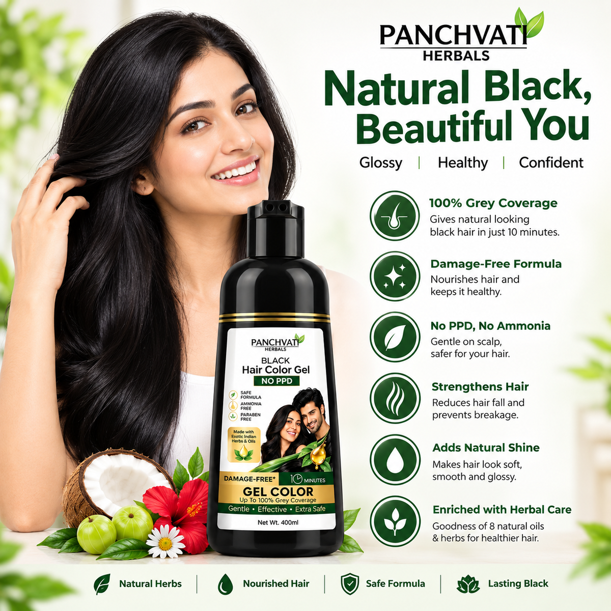 Panchvati Herbals Black Hair Color Gel No PPD, Ammonia Free & Paraben Free Hair Dye for Men & Women | 100% Grey Coverage in 10 Minutes | Herbal Hair Colour with 8 Oils & Herbs | Free Application Kit | 400ml