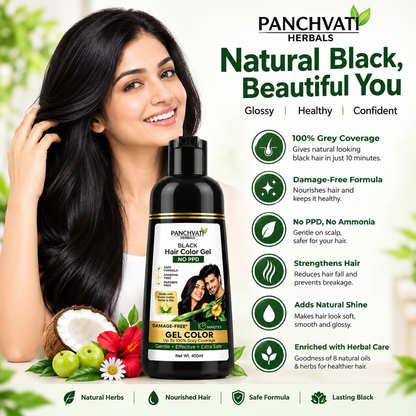 Panchvati Herbals Black Hair Color Gel No PPD, Ammonia Free & Paraben Free Hair Dye for Men & Women | 100% Grey Coverage in 10 Minutes | Herbal Hair Colour with 8 Oils & Herbs | Free Application Kit | 400ml