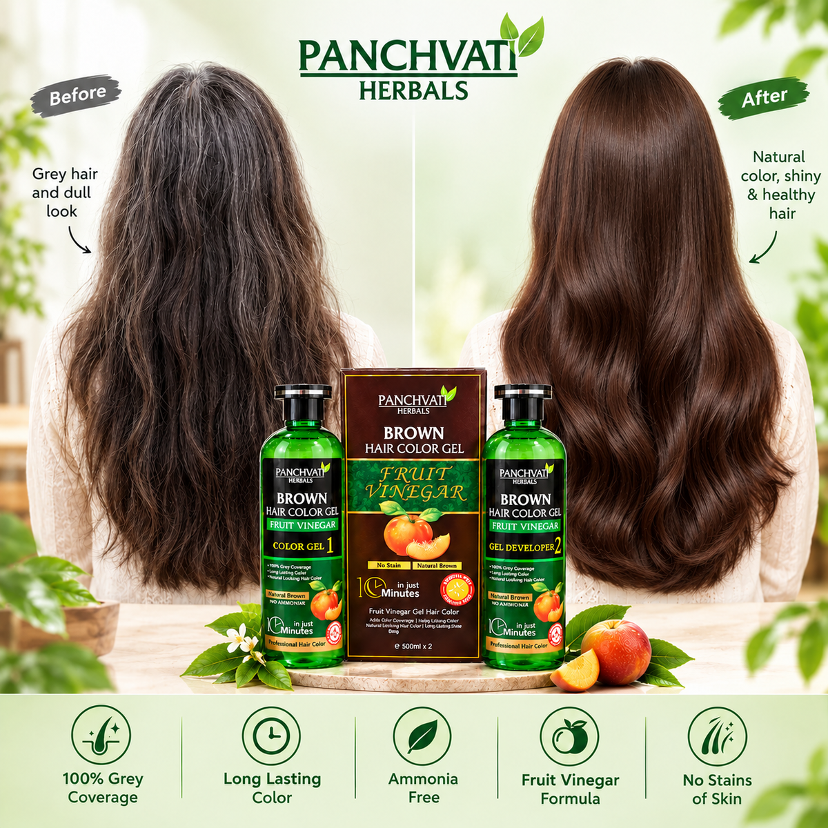 Panchvati Herbals Brown Hair Color Gel with Fruit Vinegar, Ammonia Free, 100% Grey Coverage, Long Lasting Natural Brown Hair Color, 500ml x 2