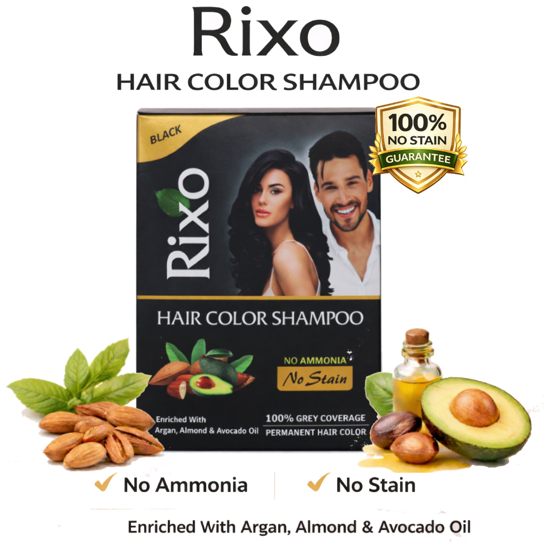 Rixo Black Hair Color Shampoo | Guaranteed No Stain On Skin | No Ammonia  | 100% Grey Coverage | Hair Color In 10 Minutes | 25ml × 10 Pouch= 250 ml