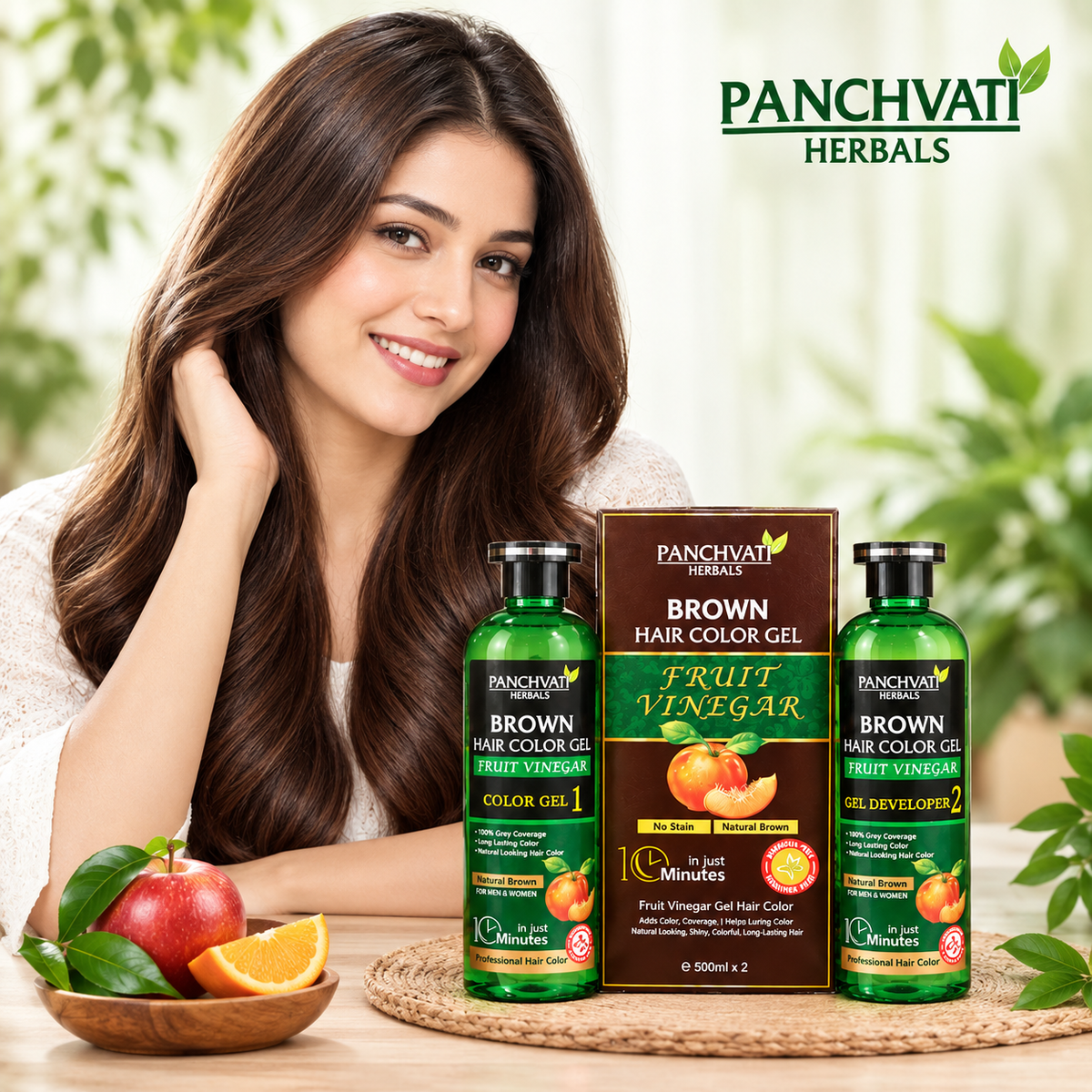 Panchvati Herbals Brown Hair Color Gel with Fruit Vinegar, Ammonia Free, 100% Grey Coverage, Long Lasting Natural Brown Hair Color, 500ml x 2
