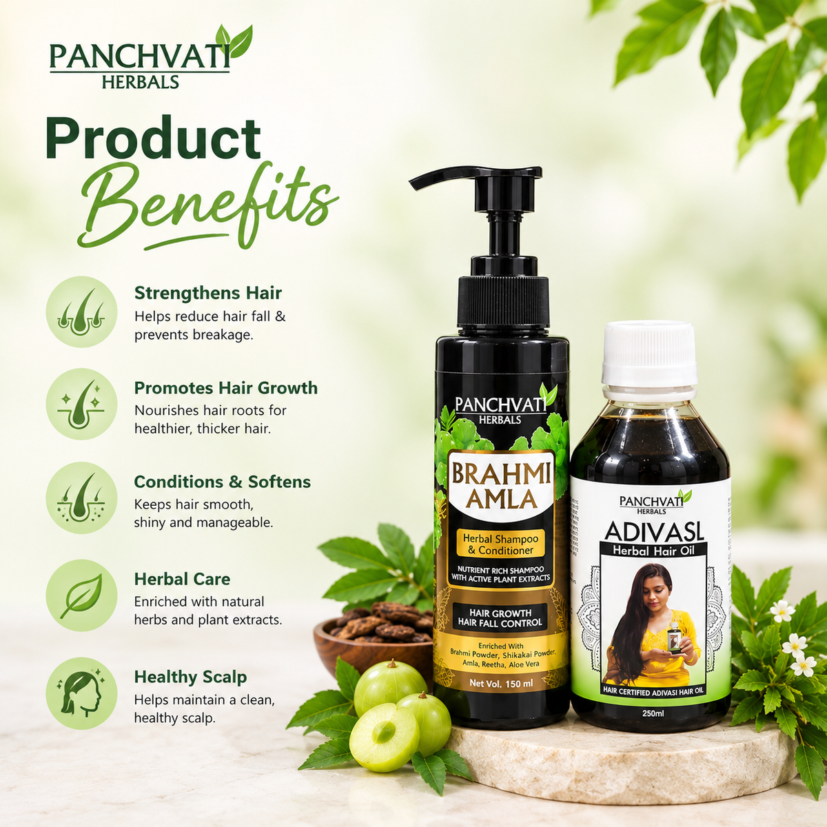 Panchvati Herbals Hair Care Combo | Brahmi Amla Shampoo & Conditioner 150 ml + Adivasi Hair Oil 250 ml