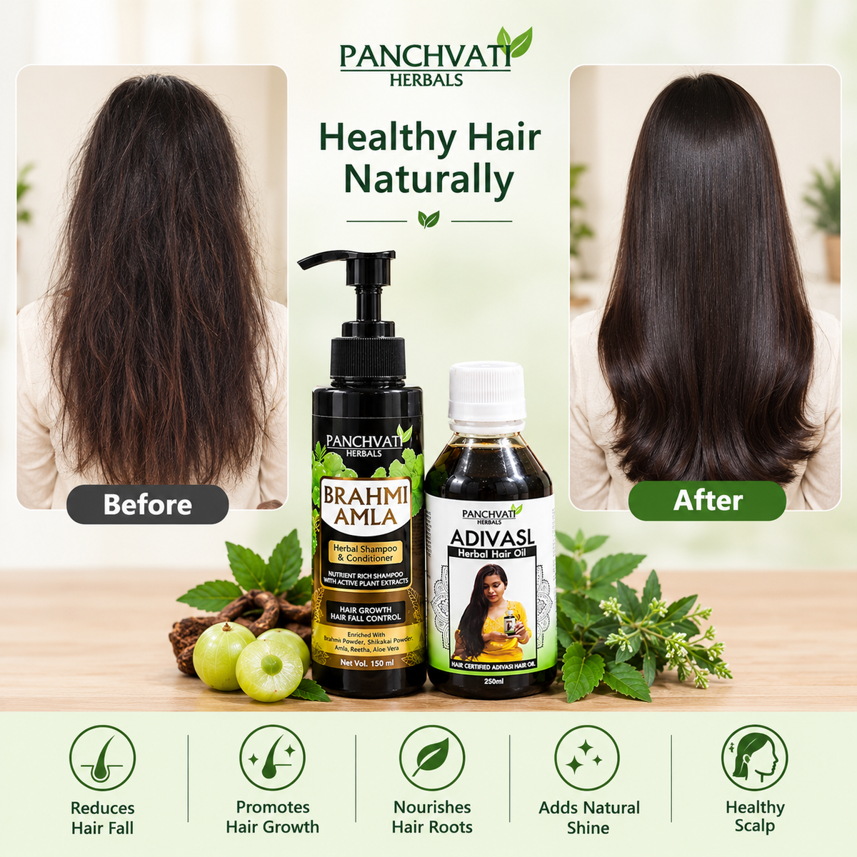 Panchvati Herbals Hair Care Combo | Brahmi Amla Shampoo & Conditioner 150 ml + Adivasi Hair Oil 250 ml