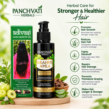 Panchvati Herbals Care Combo | Brahmi Amla Herbal Shampoo & Conditioner (150ml) + Adivasi Herbal Oil (100ml) | Fall Control, Anti-Dandruff, Root Repair & Scalp Nourishment | For Stronger, Healthier Locks