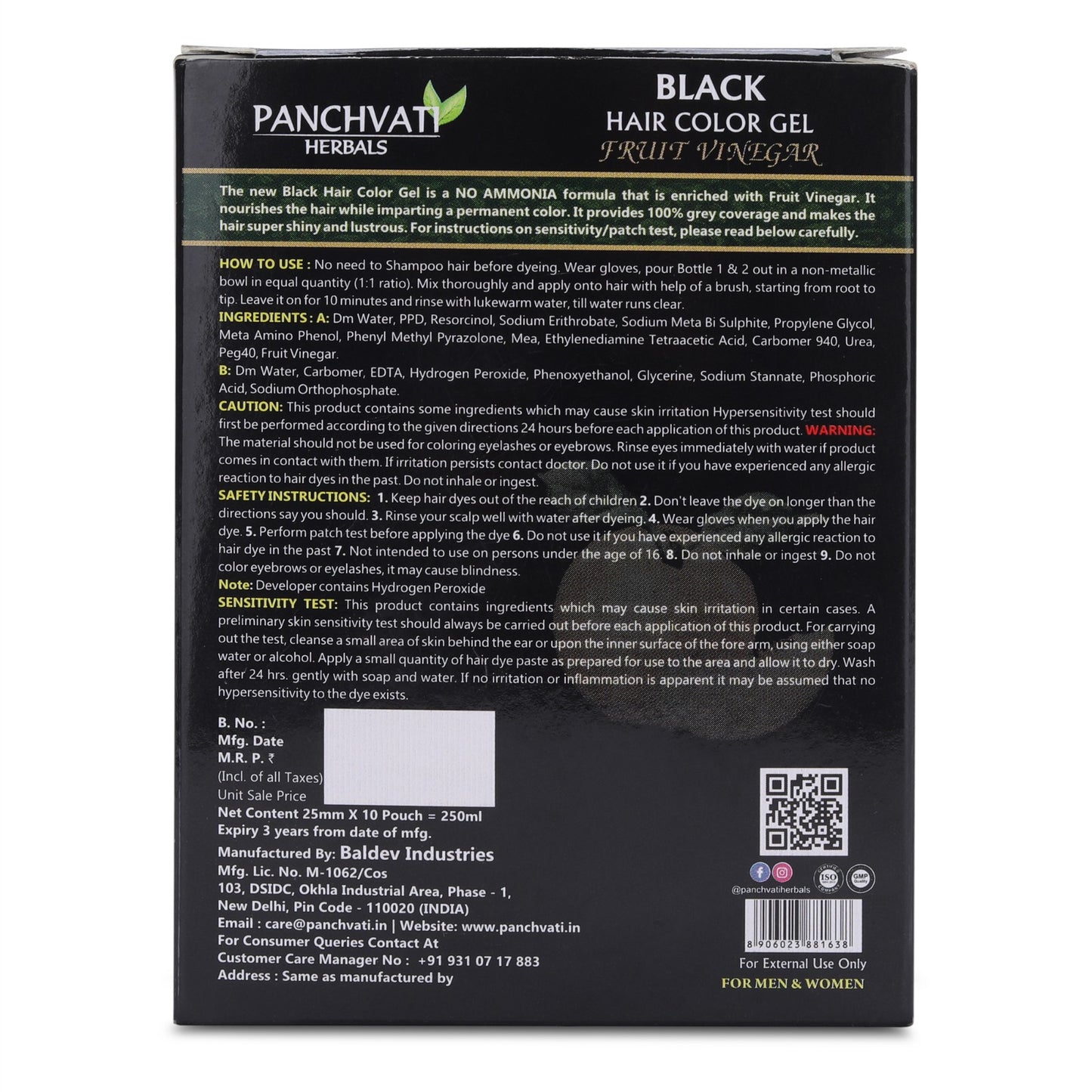 Fruit Vinegar Black Hair Color Gel |  100% Grey Coverage | 25mm × 10 Pouch= 250 ml