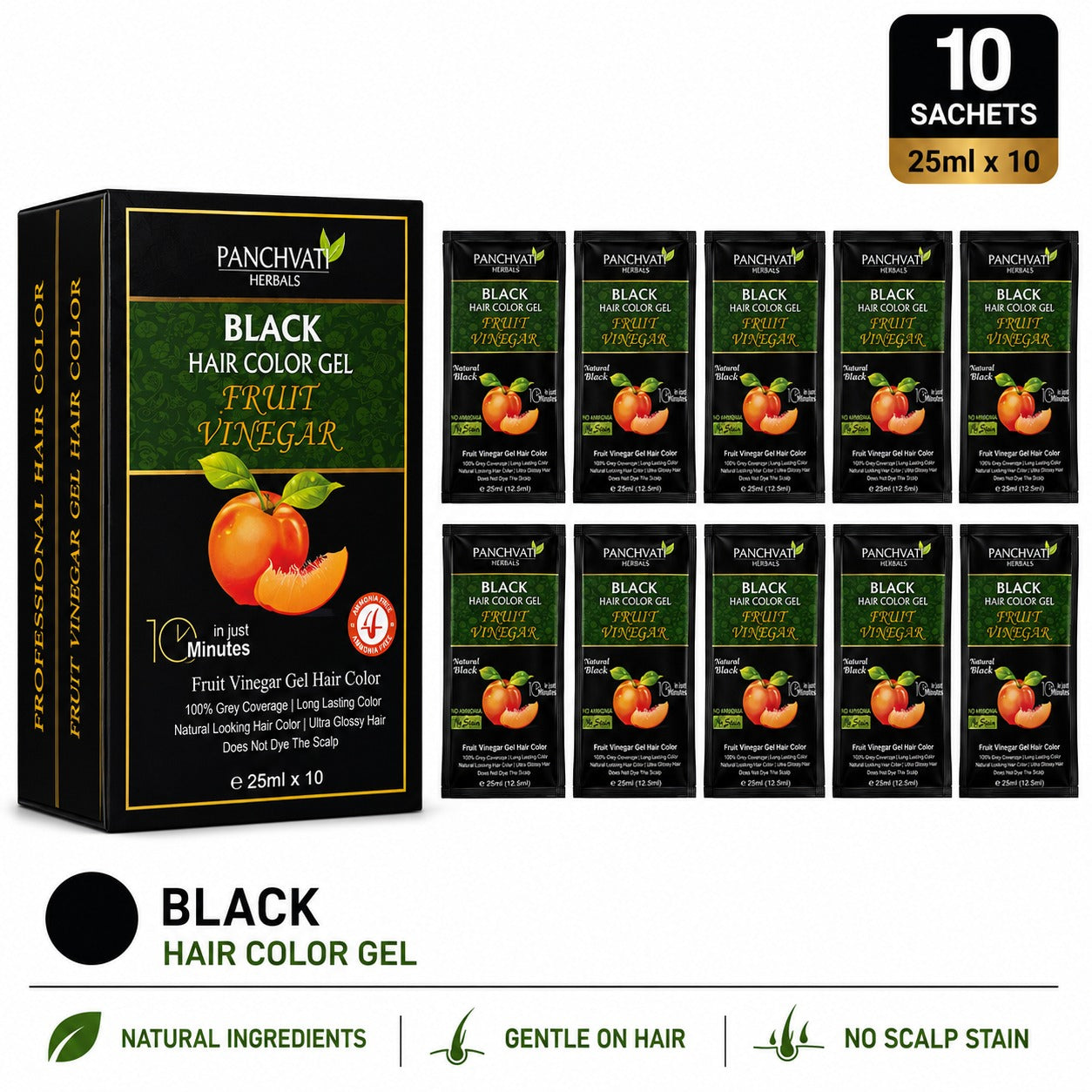 Panchvati Herbals Fruit Vinegar Black Hair Color Gel | Natural Looking Hair Color | No Ammonia | 10 Minute Hair Color | 25ml x 10 Sachets