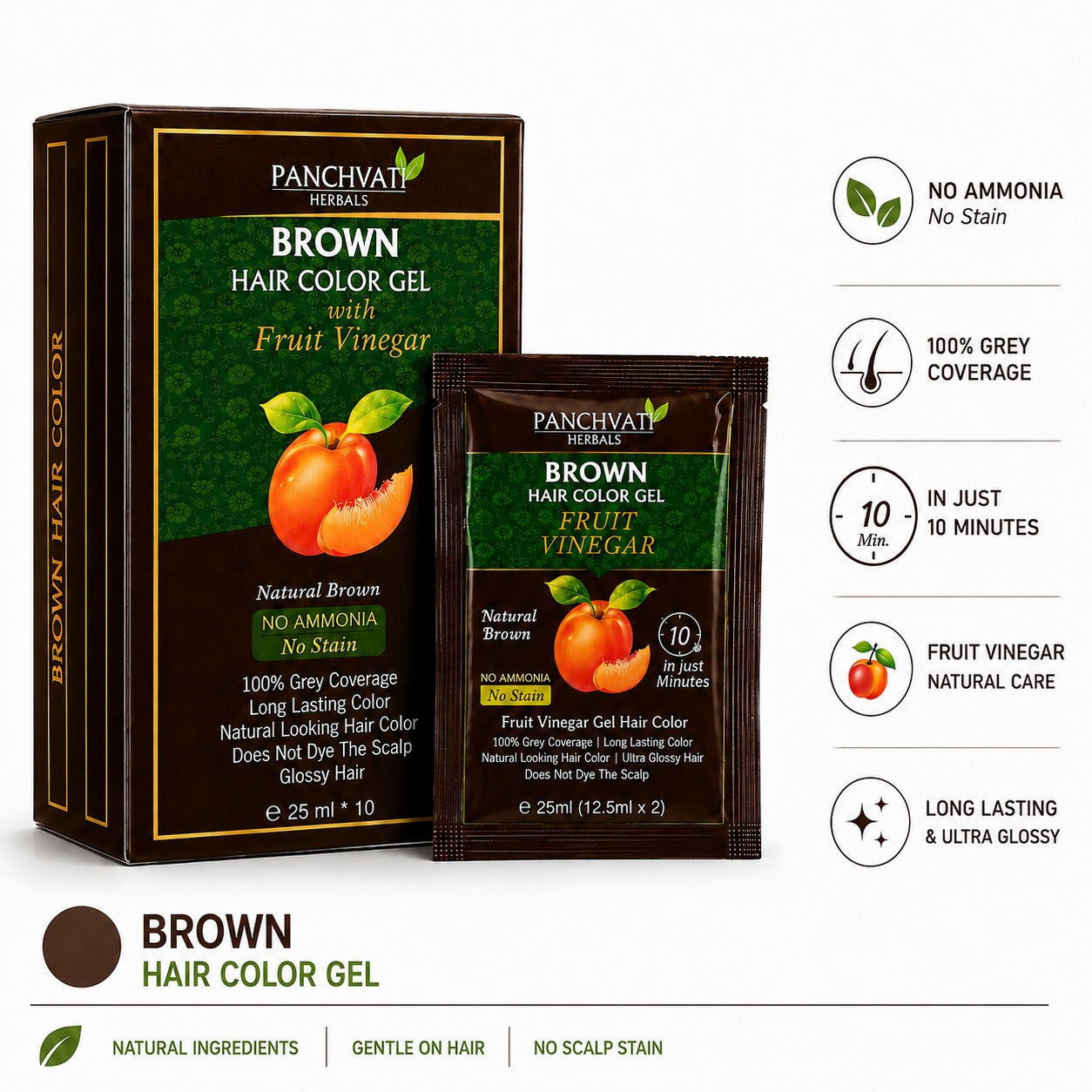 Fruit Vinegar Brown Hair Color Gel | No Ammonia | 100% Grey Coverage | No Stain | Long-Lasting Natural Brown | 10 Sachets x 25 ml (250 ml)