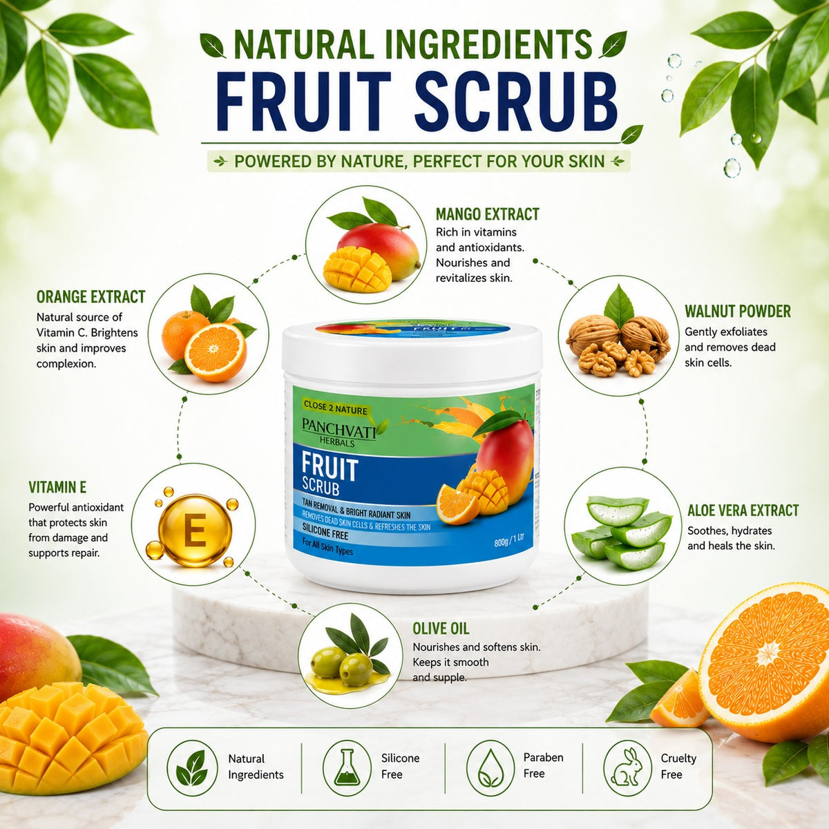 Panchvati Herbals Regular Fruit Scrub for Glowing & Radiant Skin, 800 ml