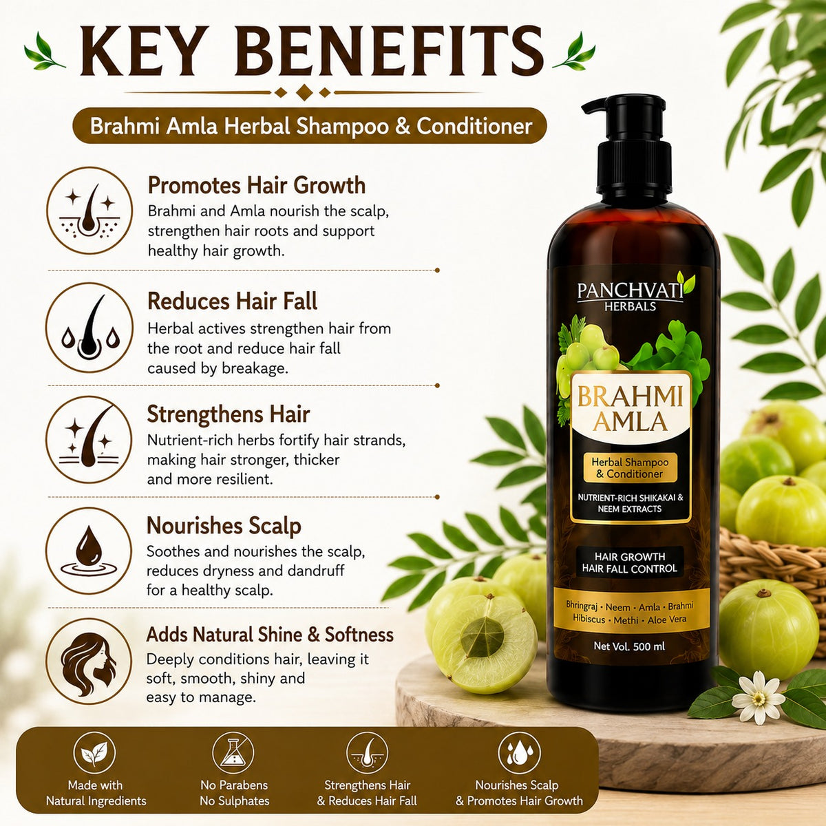 Panchvati Herbals Brahmi Amla Herbal Shampoo & Conditioner for Hair Care, 500 ml Each, Pack of 2 (Total 1000 ml)