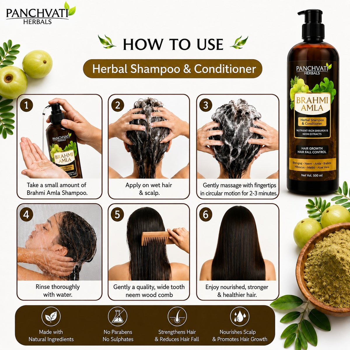 Panchvati Herbals Brahmi Amla Herbal Shampoo & Conditioner for Hair Care, 500 ml Each, Pack of 2 (Total 1000 ml)