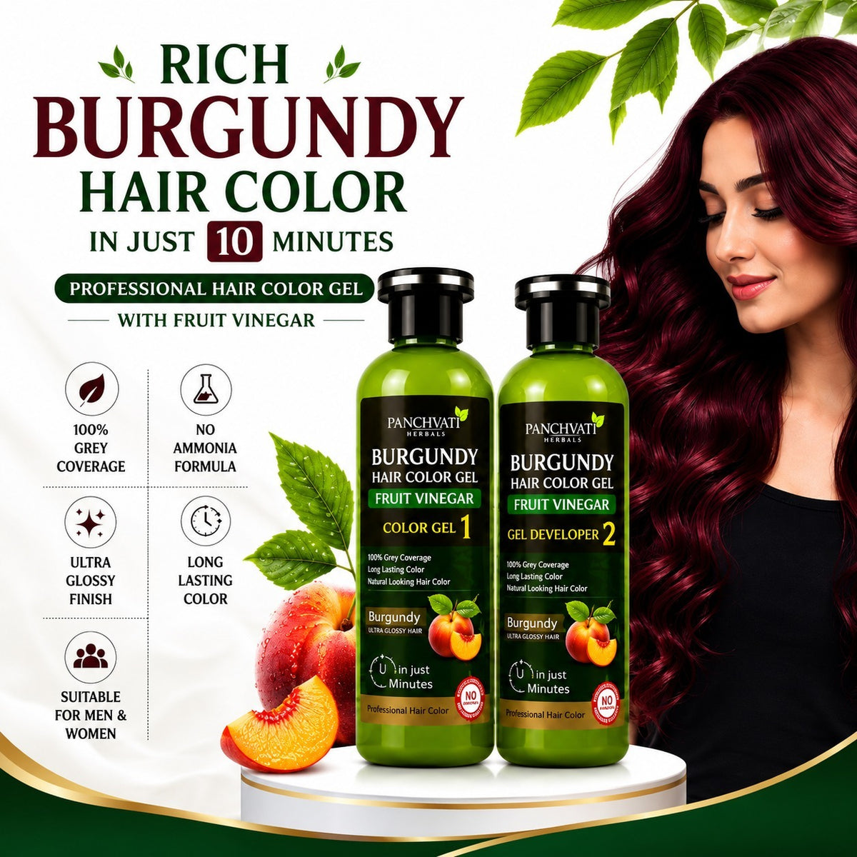 Panchvati Herbals Burgundy Hair Color Gel with Fruit Vinegar | No Ammonia | 100% Grey Coverage | Long Lasting Hair Color | 500ml x 2