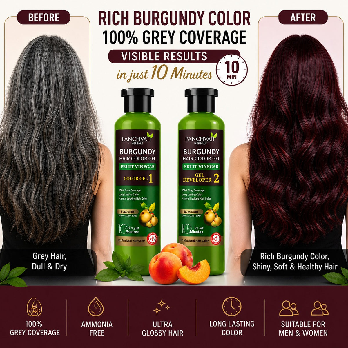 Panchvati Herbals Burgundy Hair Color Gel with Fruit Vinegar | No Ammonia | 100% Grey Coverage | Long Lasting Hair Color | 500ml x 2