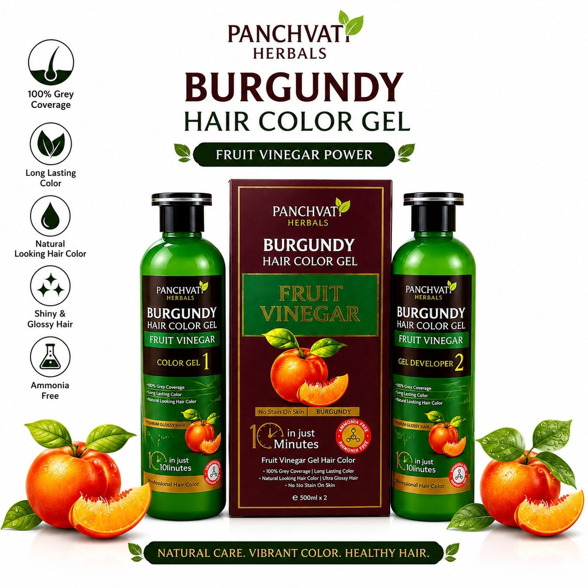Panchvati Herbals Burgundy Hair Color Gel with Fruit Vinegar | No Ammonia | 100% Grey Coverage | Long Lasting Hair Color | 500ml x 2