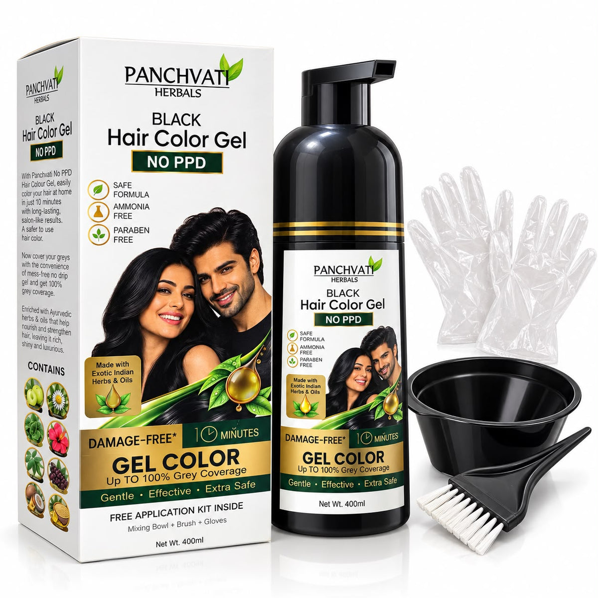 Panchvati Herbals Black Hair Color Gel No PPD, Ammonia Free & Paraben Free Hair Dye for Men & Women | 100% Grey Coverage in 10 Minutes | Herbal Hair Colour with 8 Oils & Herbs | Free Application Kit | 400ml