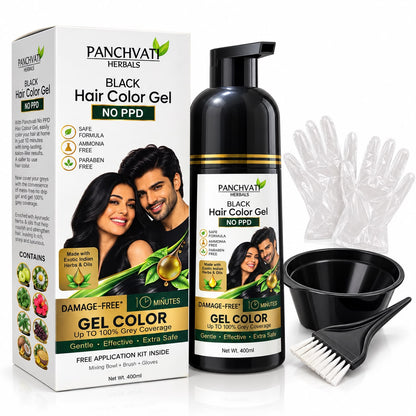 Panchvati Herbals Black Hair Color Gel No PPD, Ammonia Free & Paraben Free Hair Dye for Men & Women | 100% Grey Coverage in 10 Minutes | Herbal Hair Colour with 8 Oils & Herbs | Free Application Kit | 400ml