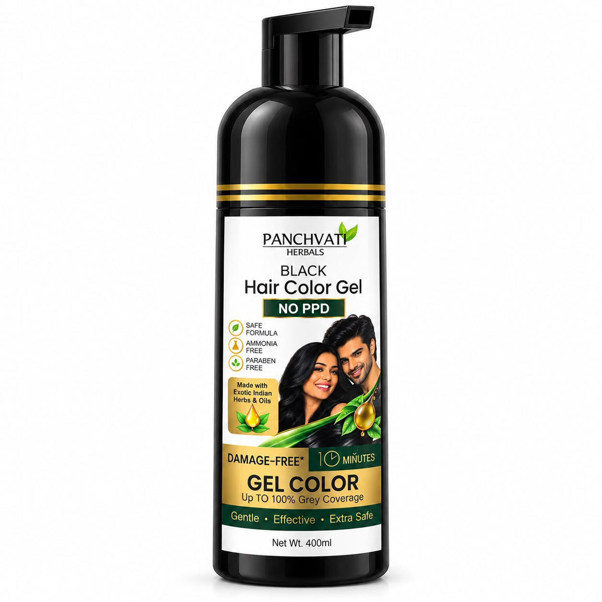 Panchvati Herbals Black Hair Color Gel No PPD, Ammonia Free & Paraben Free Hair Dye for Men & Women | 100% Grey Coverage in 10 Minutes | Herbal Hair Colour with 8 Oils & Herbs | Free Application Kit | 400ml
