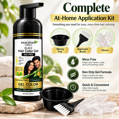 Panchvati Herbals Black Hair Color Gel No PPD, Ammonia Free & Paraben Free Hair Dye for Men & Women | 100% Grey Coverage in 10 Minutes | Herbal Hair Colour with 8 Oils & Herbs | Free Application Kit | 400ml