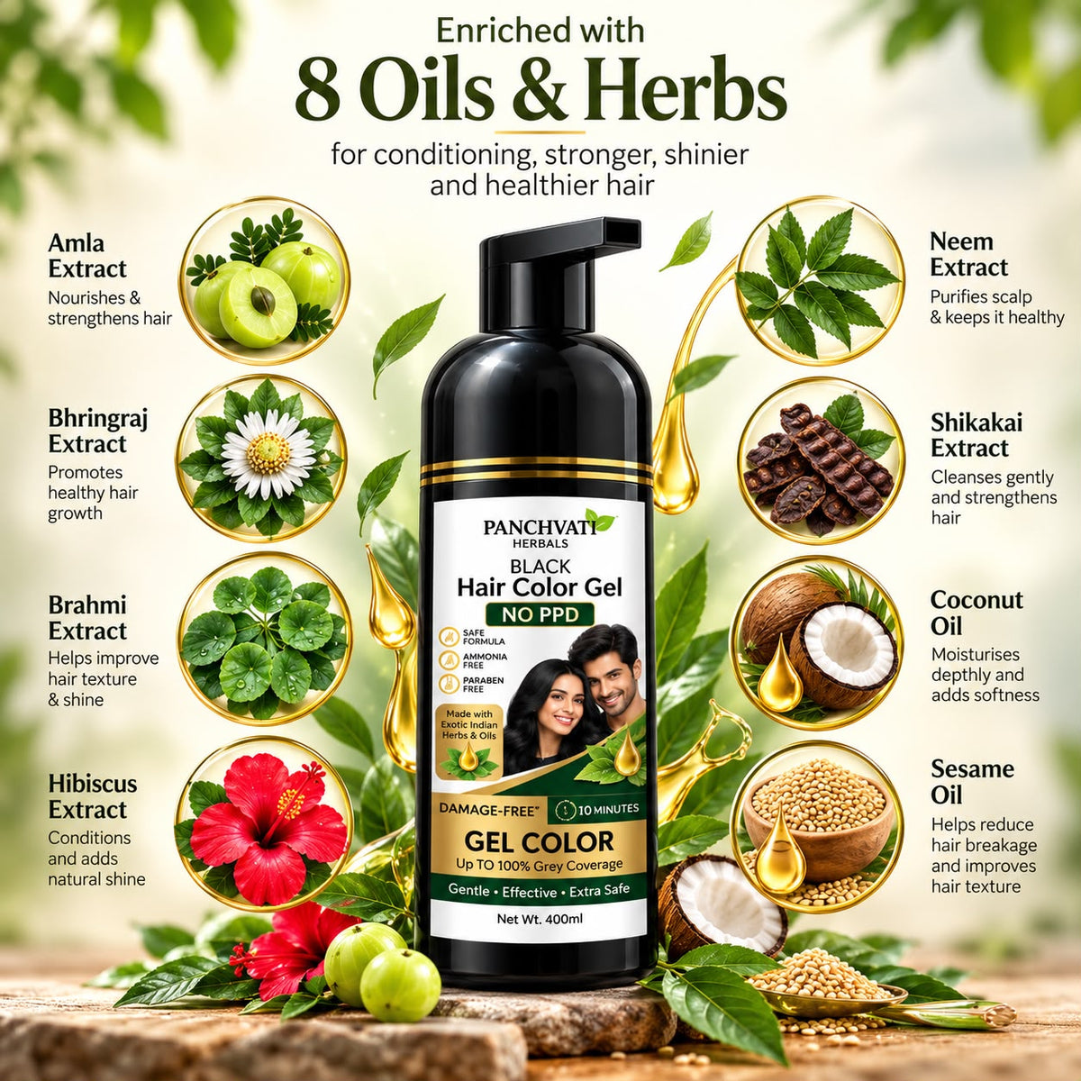 Panchvati Herbals Black Hair Color Gel No PPD, Ammonia Free & Paraben Free Hair Dye for Men & Women | 100% Grey Coverage in 10 Minutes | Herbal Hair Colour with 8 Oils & Herbs | Free Application Kit | 400ml