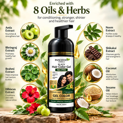 Panchvati Herbals Black Hair Color Gel No PPD, Ammonia Free & Paraben Free Hair Dye for Men & Women | 100% Grey Coverage in 10 Minutes | Herbal Hair Colour with 8 Oils & Herbs | Free Application Kit | 400ml