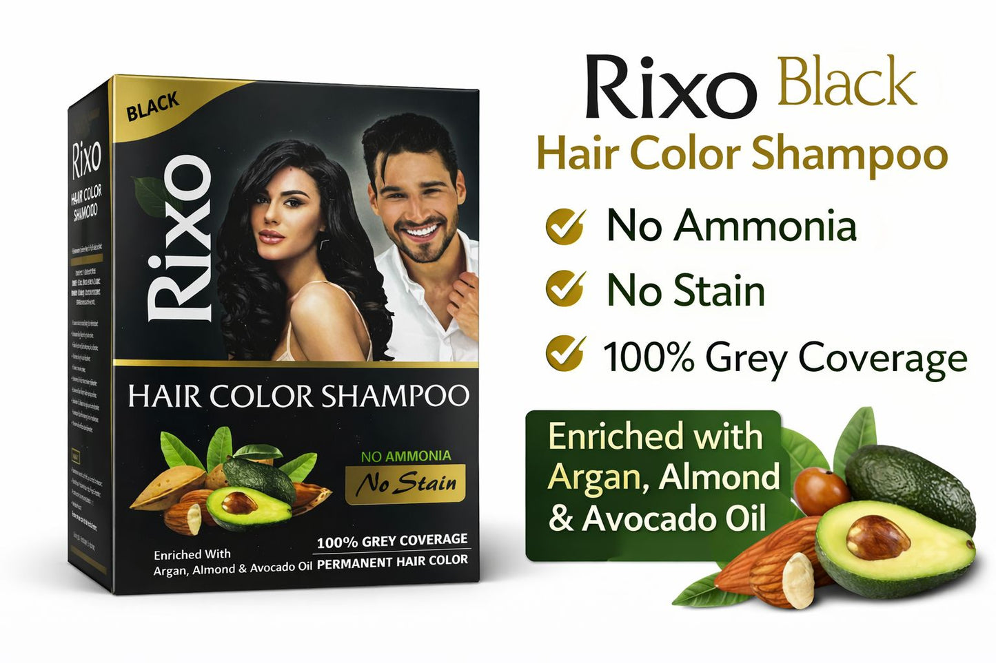 Rixo Black Hair Color Shampoo | Guaranteed No Stain On Skin | No Ammonia  | 100% Grey Coverage | Hair Color In 10 Minutes | 25ml × 10 Pouch= 250 ml