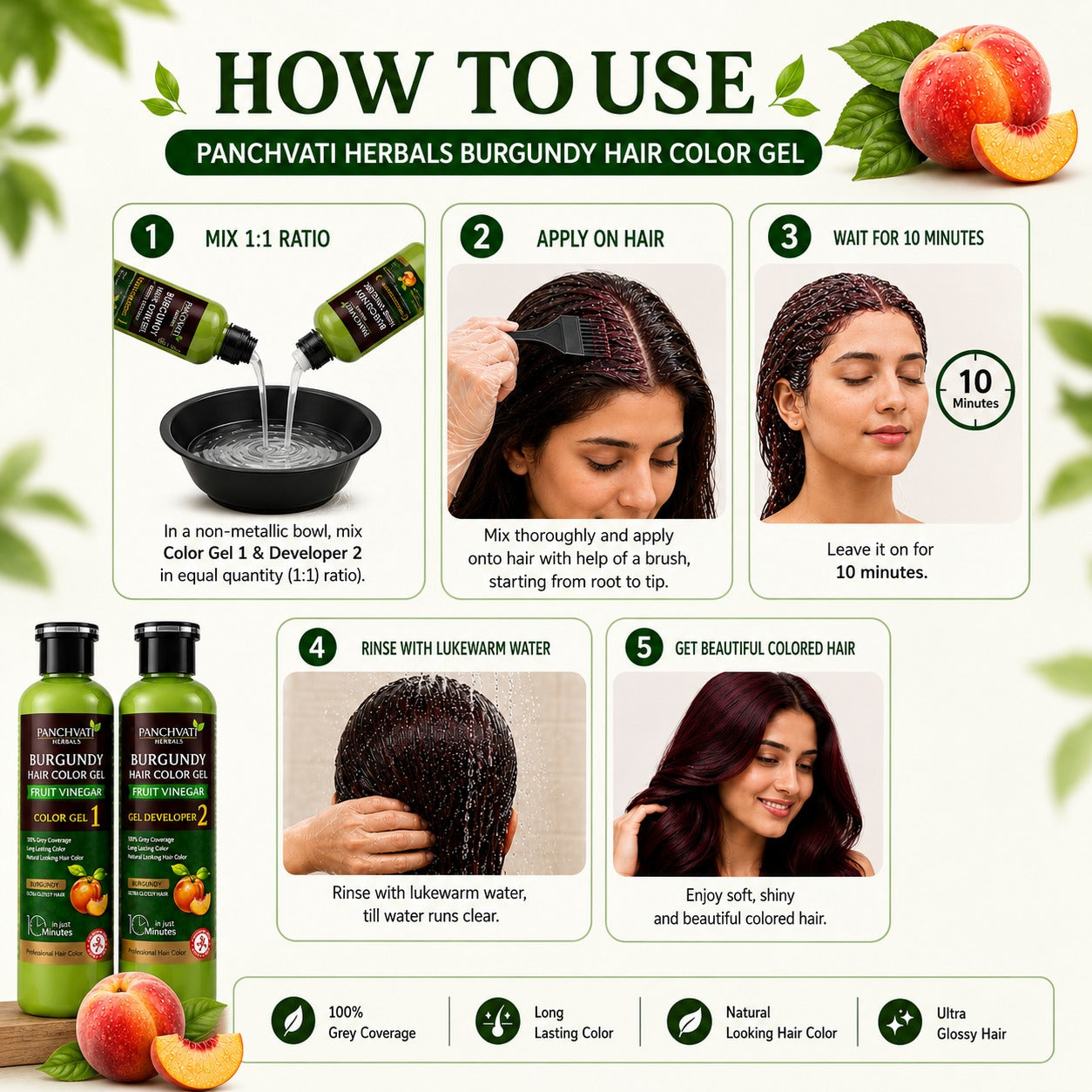 Panchvati Herbals Burgundy Hair Color Gel with Fruit Vinegar | No Ammonia | 100% Grey Coverage | Long Lasting Hair Color | 500ml x 2