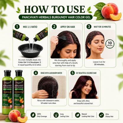 Panchvati Herbals Burgundy Hair Color Gel with Fruit Vinegar | No Ammonia | 100% Grey Coverage | Long Lasting Hair Color | 500ml x 2