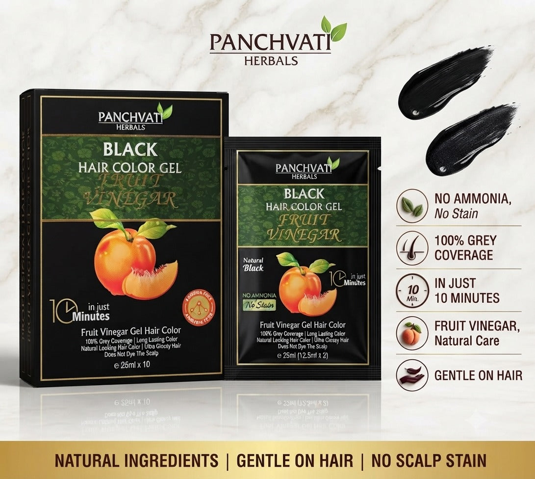 Panchvati Herbals Fruit Vinegar Black Hair Color Gel | Natural Looking Hair Color | No Ammonia | 10 Minute Hair Color | 25ml x 10 Sachets