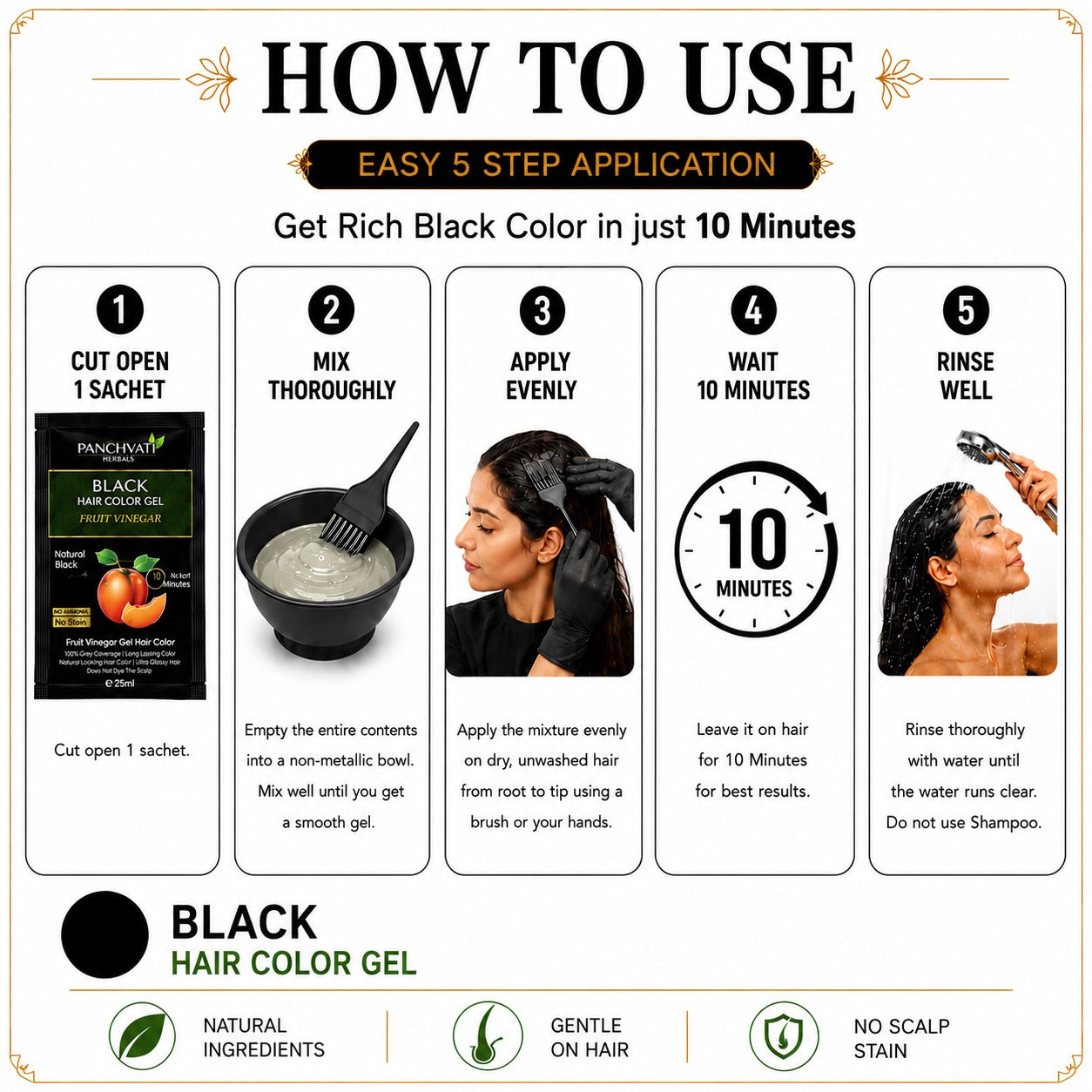 Panchvati Herbals Fruit Vinegar Black Hair Color Gel | Natural Looking Hair Color | No Ammonia | 10 Minute Hair Color | 25ml x 10 Sachets