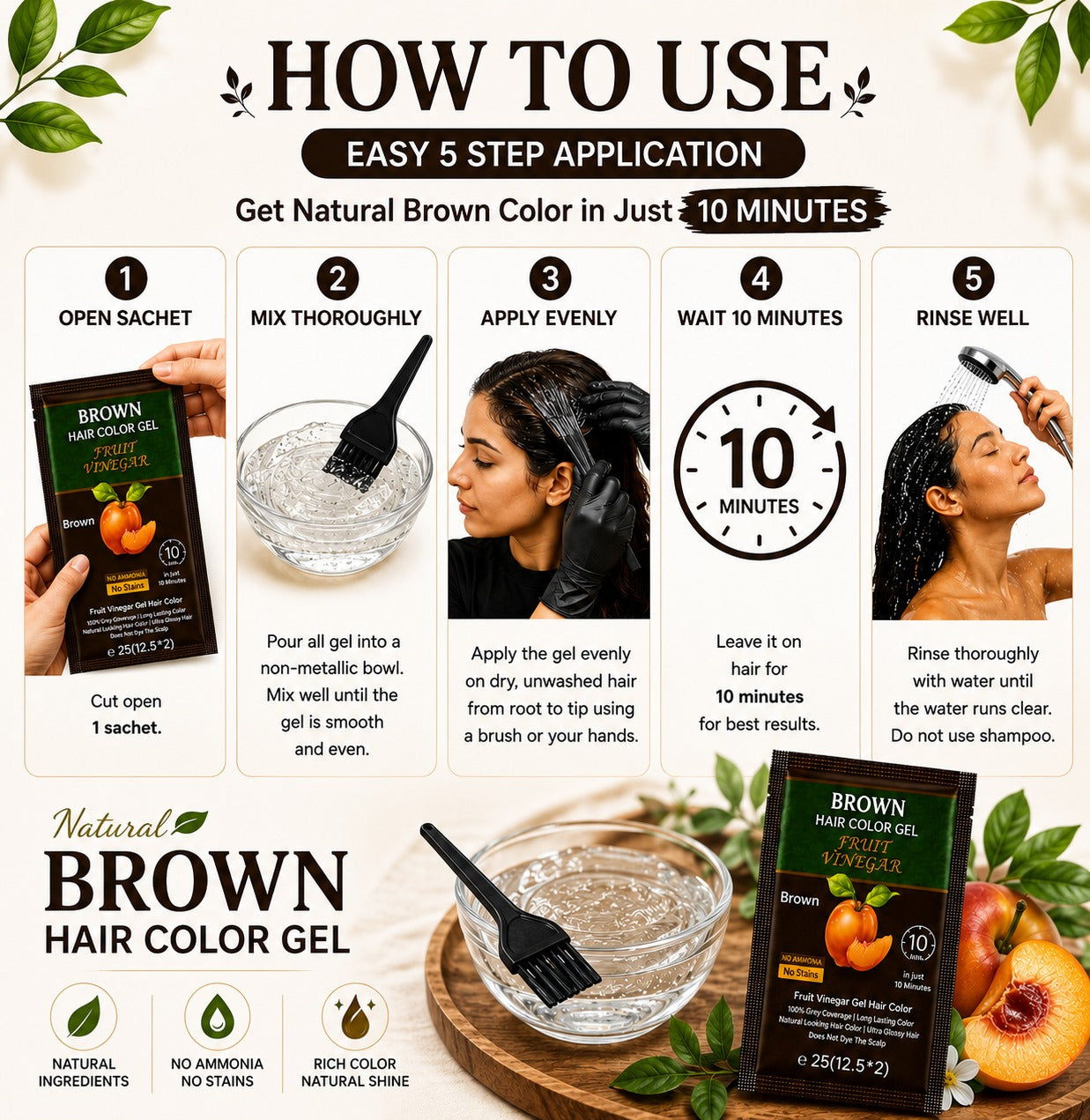 Fruit Vinegar Brown Hair Color Gel | No Ammonia | 100% Grey Coverage | No Stain | Long-Lasting Natural Brown | 10 Sachets x 25 ml (250 ml)