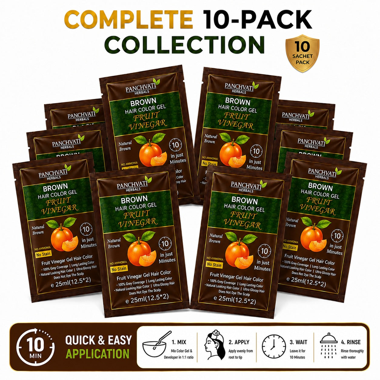 Fruit Vinegar Brown Hair Color Gel | No Ammonia | 100% Grey Coverage | No Stain | Long-Lasting Natural Brown | 10 Sachets x 25 ml (250 ml)