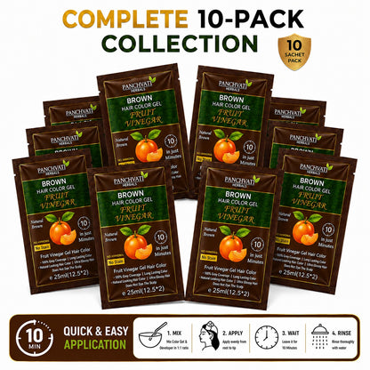 Fruit Vinegar Brown Hair Color Gel | No Ammonia | 100% Grey Coverage | No Stain | Long-Lasting Natural Brown | 10 Sachets x 25 ml (250 ml)