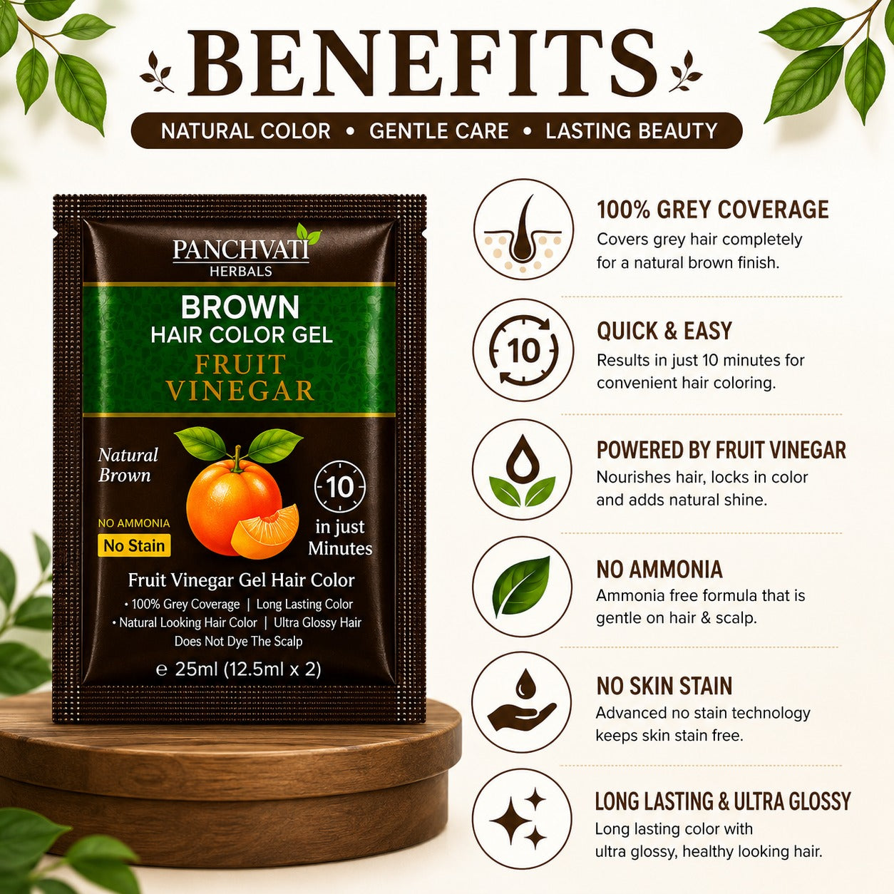 Fruit Vinegar Brown Hair Color Gel | No Ammonia | 100% Grey Coverage | No Stain | Long-Lasting Natural Brown | 10 Sachets x 25 ml (250 ml)