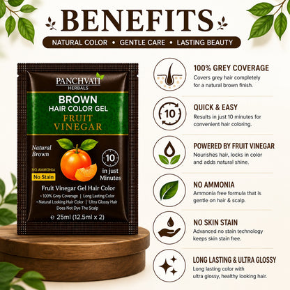 Fruit Vinegar Brown Hair Color Gel | No Ammonia | 100% Grey Coverage | No Stain | Long-Lasting Natural Brown | 10 Sachets x 25 ml (250 ml)