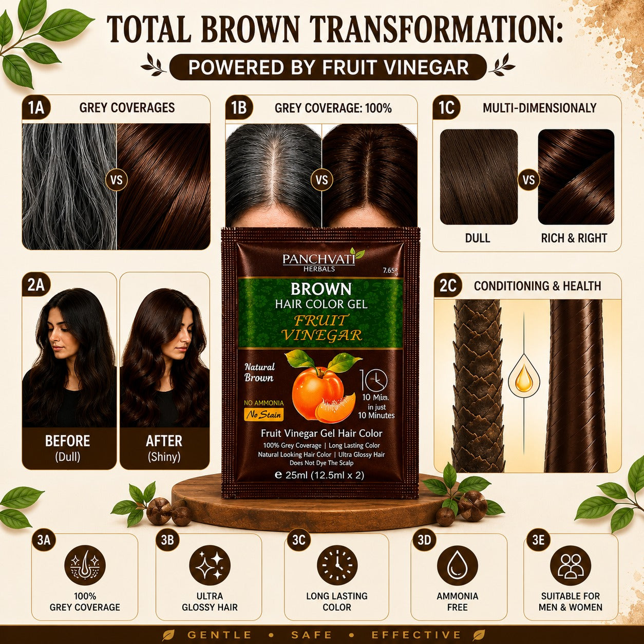 Fruit Vinegar Brown Hair Color Gel | No Ammonia | 100% Grey Coverage | No Stain | Long-Lasting Natural Brown | 10 Sachets x 25 ml (250 ml)
