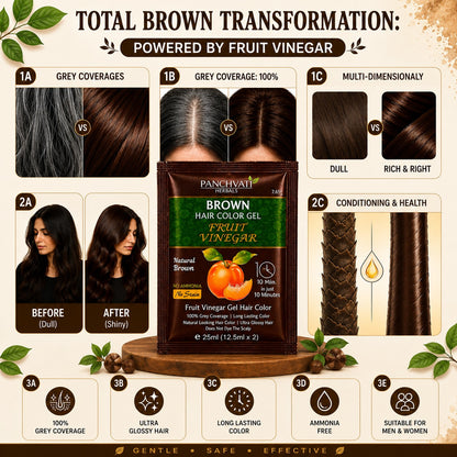Fruit Vinegar Brown Hair Color Gel | No Ammonia | 100% Grey Coverage | No Stain | Long-Lasting Natural Brown | 10 Sachets x 25 ml (250 ml)