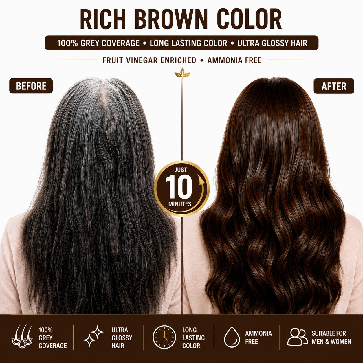 Fruit Vinegar Brown Hair Color Gel | No Ammonia | 100% Grey Coverage | No Stain | Long-Lasting Natural Brown | 10 Sachets x 25 ml (250 ml)